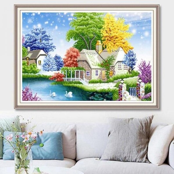 Sommerhus med farvede træer va. 50x60cm