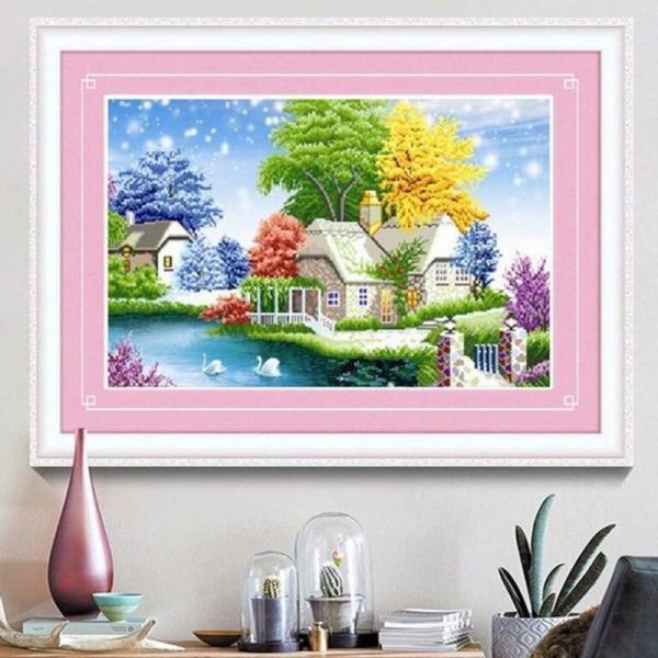 Sommerhus med farvede træer va. 50x60cm