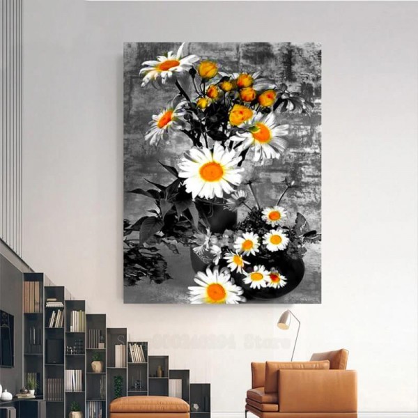 Sort/hvid blomster v.a. 50x70cm