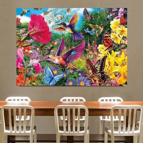 Blomster med fugle og sommerfugle v.a. 50x70cm