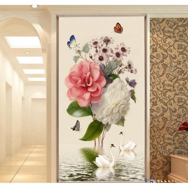 Blomster, svaner og sommerfugle v.a. 50x80cm