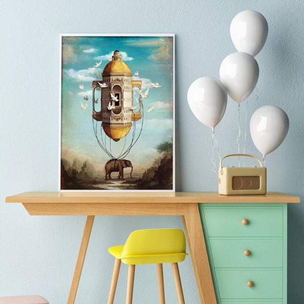 Elefant med et fuglehus v.a. 50x70cm