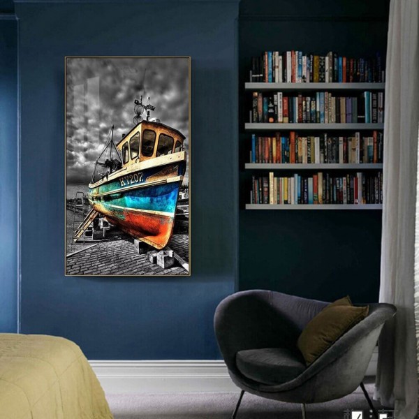 Blå skib v.a. 50x90cm
