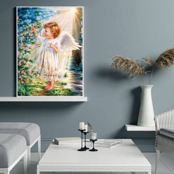 Lille engel plukker blomster v.a. 50x70cm