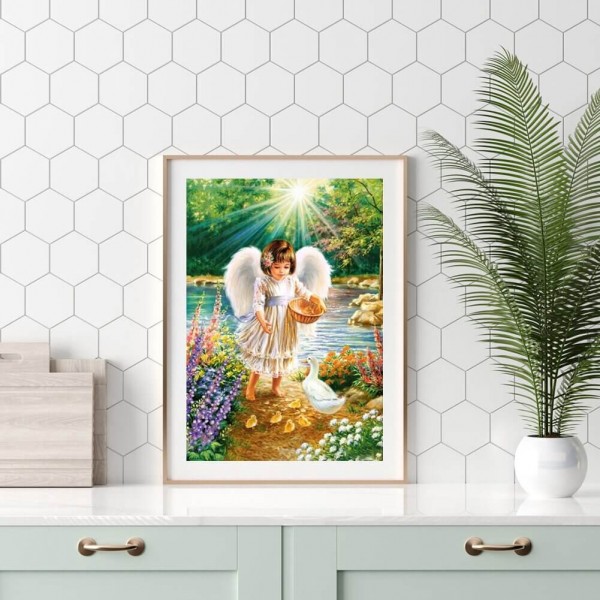 Lille engel fodrer en and v.a. 50x70cm