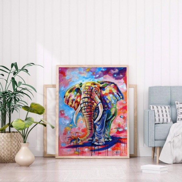 Farverig elefant v.a. 50x60cm