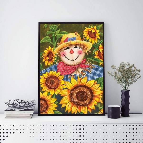 Fugleskræmsel blandt solsikker v.a. 50x70cm